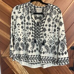 SEA NY Embroidered Blouse 100% Cotton,  Long Sleeve tie neck, Cream/black, sz. 2